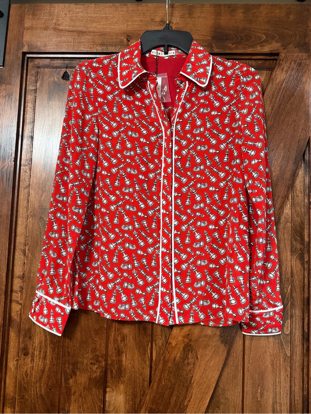 Alice + Olivia Willa Chess Piece Print Silk Button-Up Shirt - Picture 6 of 8